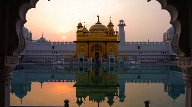 Golden temple harmandir sahib reflecting on water at sunrise