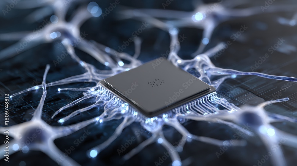 Poster ai chip integrated with glowing neurons showcases advanced technology and neural connectivity in a f