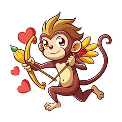 Playful Monkey Cupid Vector Shooting Heart-Shaped Bananas – Funny Valentine's Day Animal Character Art for Love-Themed Cards, Posters, and Cute Romantic Merchandise Design