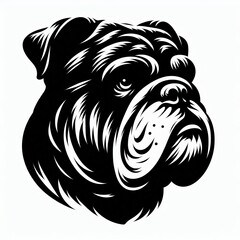 Stylized black and white portrait of a bulldog s face