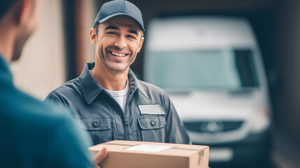 Delivery person hands package to customer in urban setting on a sunny day, showcasing friendly service and community connection