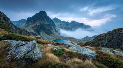 Misty mountain lake panorama
