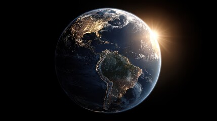 A view of planet earth showing north and south america with sunlight in a dark space background.