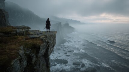 Warrior standing on cliff edge overlooking stormy sea with dramatic coastline in misty weather