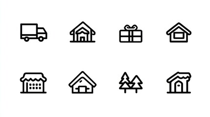 Fototapeta premium Minimalist icons of delivery truck, houses, gift, store and trees on a white background