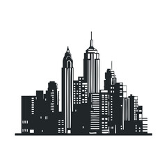 Black and white city skyline silhouette of tall skyscrapers