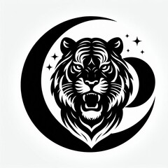 Fierce tiger head silhouette against a crescent moon and stars