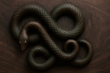 Obraz premium Intricate snake wood carving lying on wooden surface