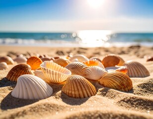 Seashells on a sandy beach, sunlit