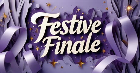 Festive finale graphic features purple ribbons, sparkles, elegant lettering. Celebratory design evokes joy, excitement, special occasion.