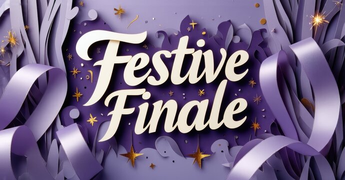 Festive finale graphic features purple ribbons, sparkles, elegant lettering. Celebratory design evokes joy, excitement, special occasion.