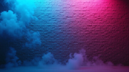 A brick wall illuminated by pink and blue neon lights.