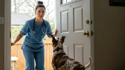 A friendly veterinarian greets a cheerful dog at the front door during the afternoon visit