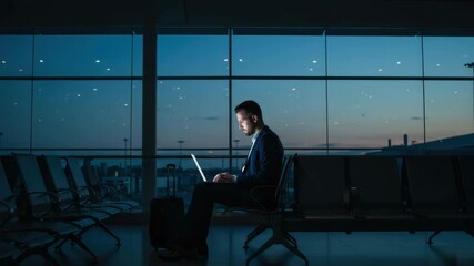 A businessman types on his laptop at an airport while waiting for his flight at twilight - Powered by Adobe