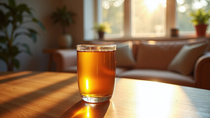 A glass of beer on a wooden table near a cozy window.