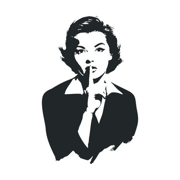 Retro female silhouette gesture: vintage caucasian young woman shushing
