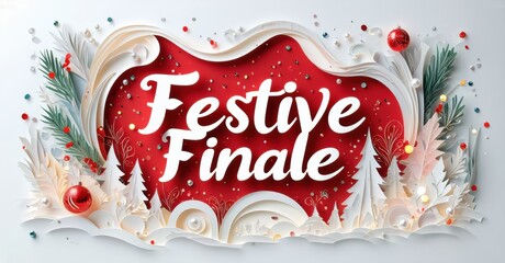 Festive finale design features papercraft elements. Red heart shape, snow covered trees, ornaments, lights create holiday mood.