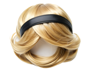 A black leather headband sits across a stylish blonde bob hairstyle isolated on transparent background