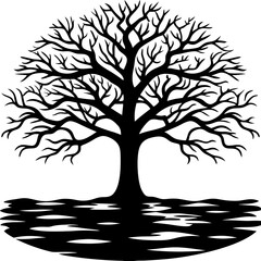 Obraz premium An oak tree partially submerged in a flooded field, calm water reflecting its trunk and branches, thick fog all around, haunting stillness