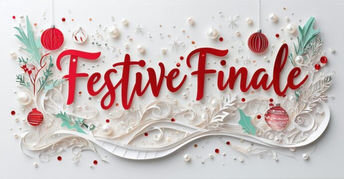 Festive finale design features ornaments, foliage, swirls. Red text dominates white background, creating holiday spirit. - Powered by Adobe