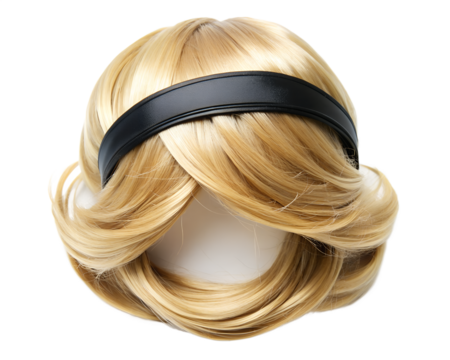 A black leather headband sits across a stylish blonde bob hairstyle isolated on transparent background - Powered by Adobe
