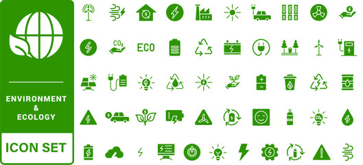 Green alternative energy and ecology icons set