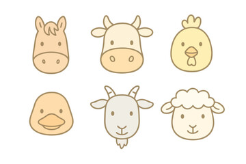 Pastel thin line icons of farm animal faces like horse, cow, and chicken in soft colors. Perfect for rustic children’s and farm illustrations.