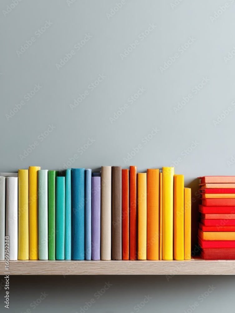 Poster colorful books arranged in a gradient on a shelf against a calm background with empty space on the r