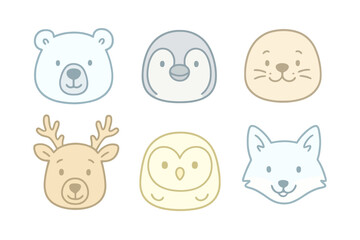 Hand-drawn cartoon faces of arctic animals including reindeer, seal, and snowy owl with light pastel outlines. Ideal for children’s books and stock use.