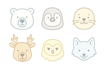 Pastel thin line icons of polar animal faces like polar bear, penguin, and arctic fox in soft colors. Perfect for winter and wildlife illustrations.