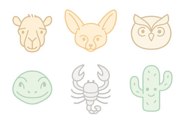 Pastel thin line icons of desert animal faces like camel, fox, and lizard in soft colors. Perfect for nature and educational illustrations.