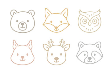 Hand-drawn cartoon faces of forest animals including raccoon, owl, and squirrel with light pastel outlines. Ideal for rustic branding and educational design.
