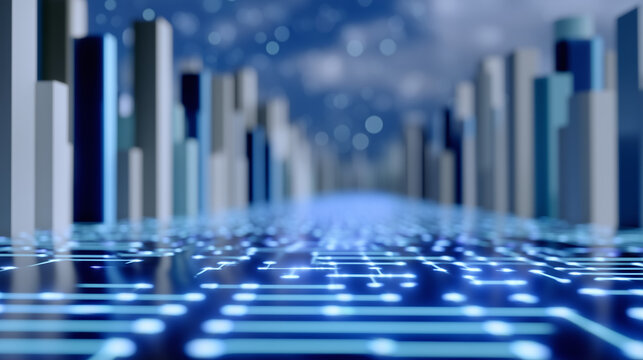uturistic smart city skyline with glowing blue digital circuit floor, technology network and innovation concept for AI urban infrastructure and cyber future background