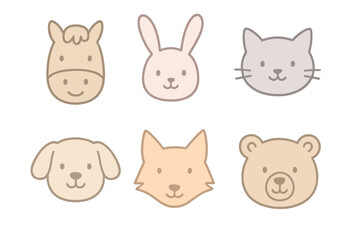 Hand-drawn cartoon faces of animals including dog, bear, and cat with soft pastel outlines. Great for playful branding and stock resources.