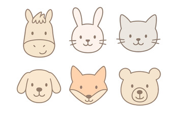 Thin line pastel icons of animal faces like horse, rabbit, and fox, each in a different soft color. Perfect for children’s and educational designs.