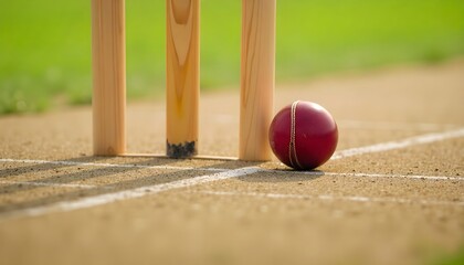 Wooden Stumps and Red Ball on Pitch, Outdoor Sports Photography, Close-Up View, Sunny Day