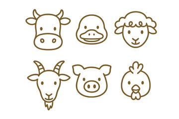 Hand-drawn cartoon faces of farm animals in brown outline style. Great for farm branding, kids’ books, and creative design projects.
