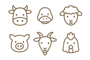 Brown thin line icons of farm animal faces including cow, pig, sheep, and chicken. Perfect for educational and children’s illustrations. © VectorGomes