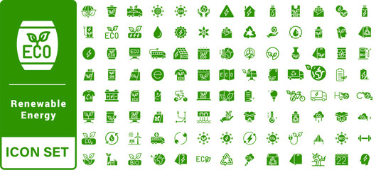 Renewable Energy Icon Set. A dynamic collection of icons showcasing sustainable energy solutions, perfect for environmental projects, educational materials, and green technology applications