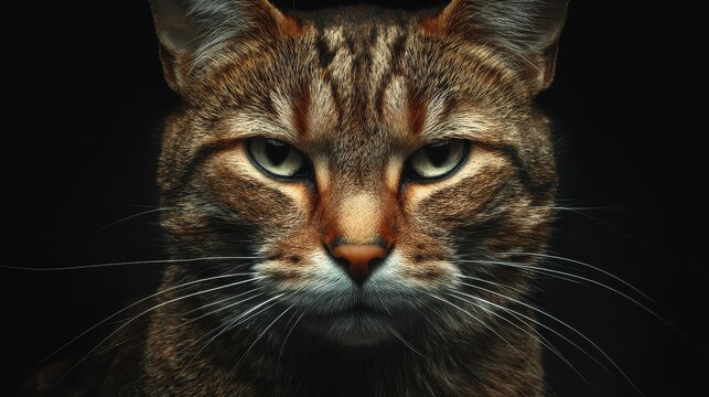 Mad cat portrait. Upset brown feline on black background
