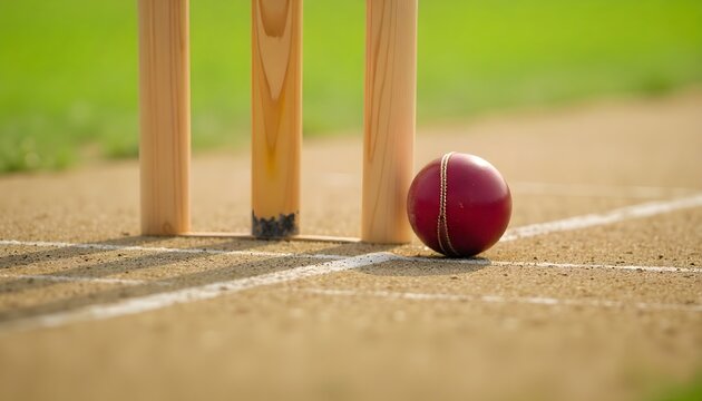 Wooden Stumps and Red Ball on Pitch, Outdoor Sports Photography, Close-Up View, Sunny Day