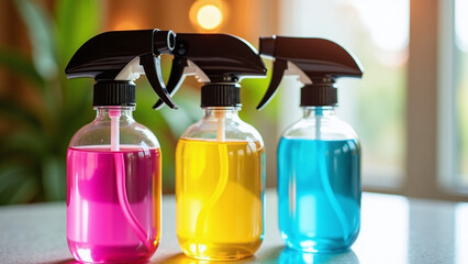 Three colorful spray bottles arranged on a table.