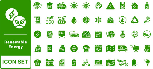 Renewable Energy Icon Set. A dynamic collection of icons showcasing sustainable energy solutions, perfect for environmental projects, educational materials, and green technology applications