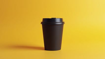 A black coffee cup against a bright yellow background.