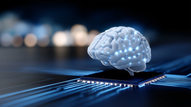 Futuristic glowing brain model connected to microchip on blue neon background, artificial intelligence and machine learning concept