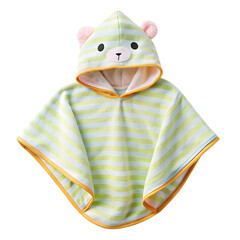 A cute hooded baby poncho towel with green and yellow stripes and a bear face, perfect for bath time isolated on transparent background