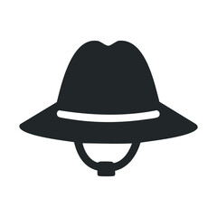 Black wide-brimmed hat icon with chin strap on white background