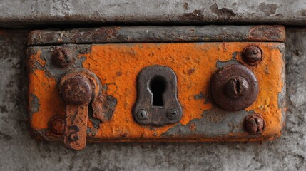 Rusty Metal Container Door Lock with Orange Paint and Weathered Surface