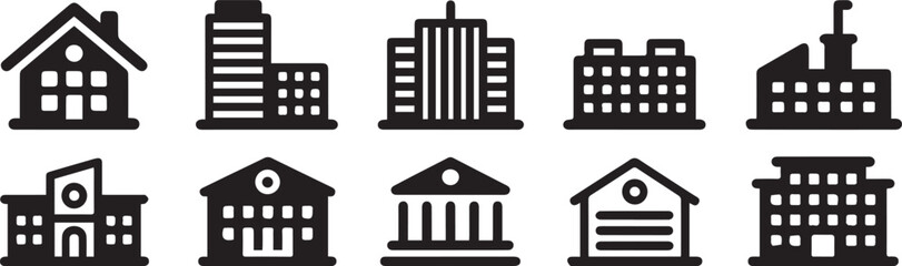 Diverse building icons featuring houses and skyscrapers architecture urban vector bundle collection set pack object template elements icons clipart illustration editable flat minimal modern banner pos