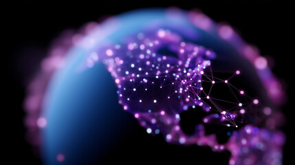 Glowing violet and blue neural network map over North America, abstract digital globe with connected data points, technology concept